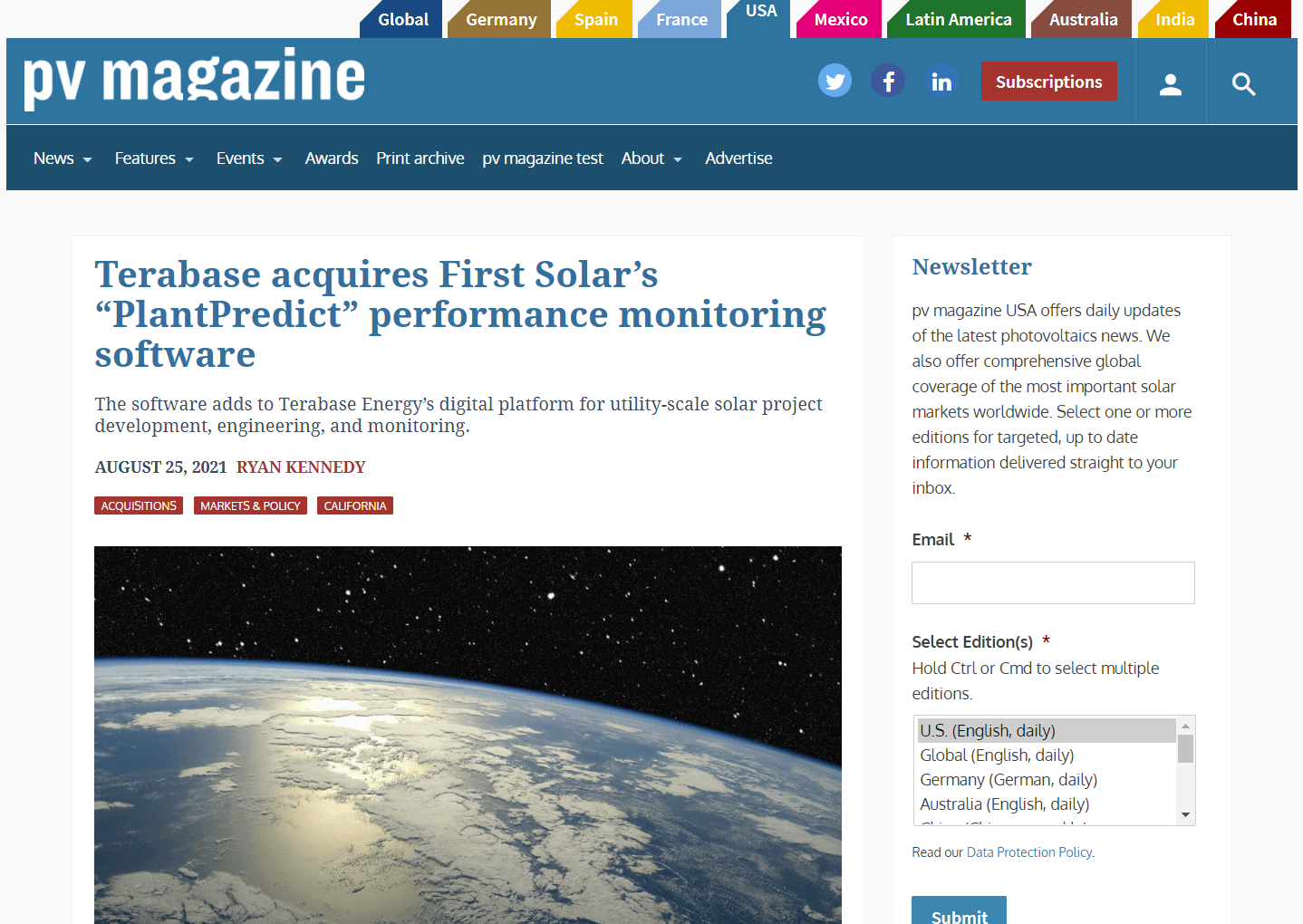 PV Magazine: Terabase acquires First Solar’s “PlantPredict” performance monitoring software