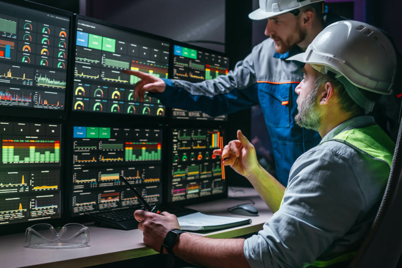 Engineers viewing solar plant control screens