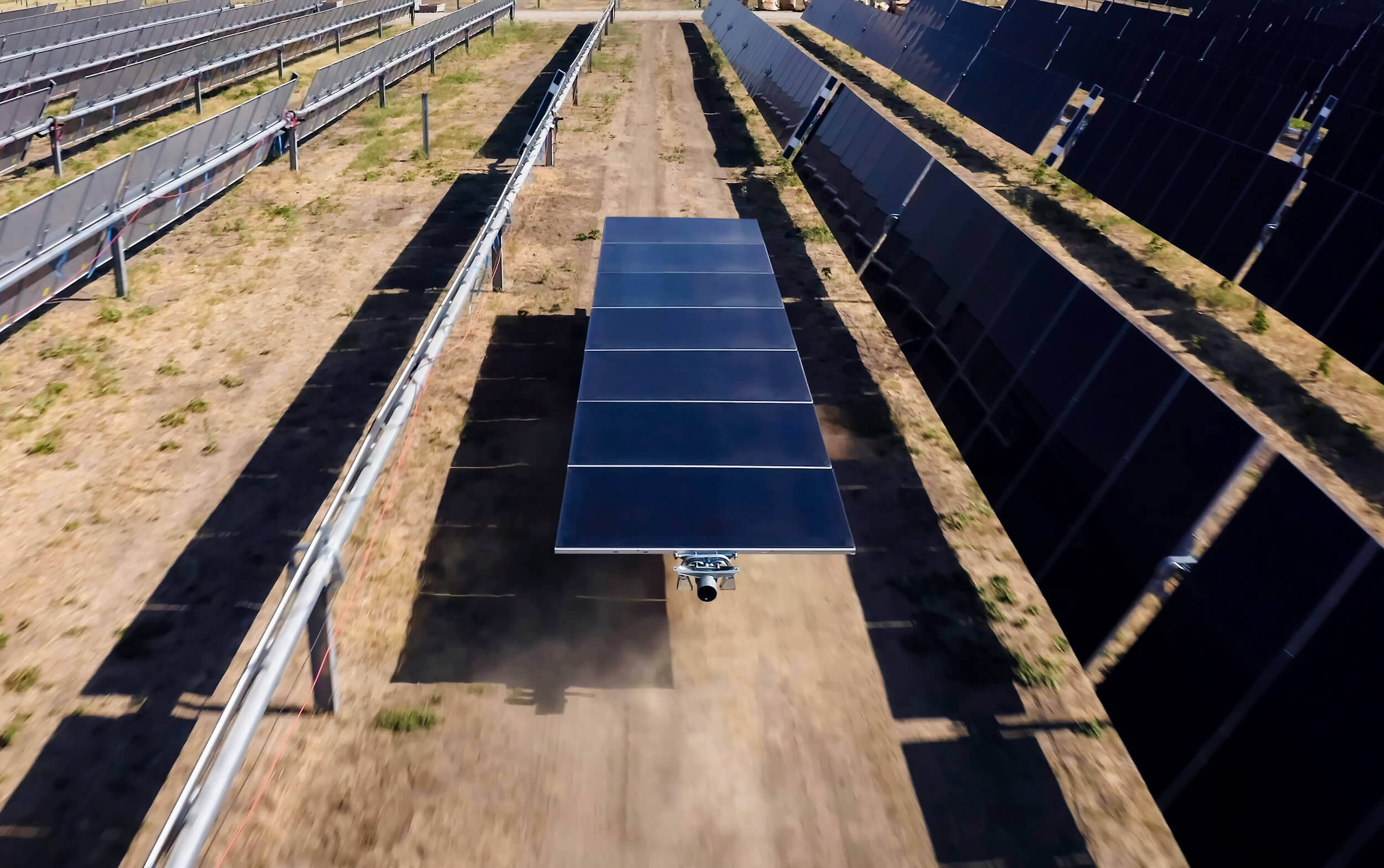 Aerial view of solar field in desert region