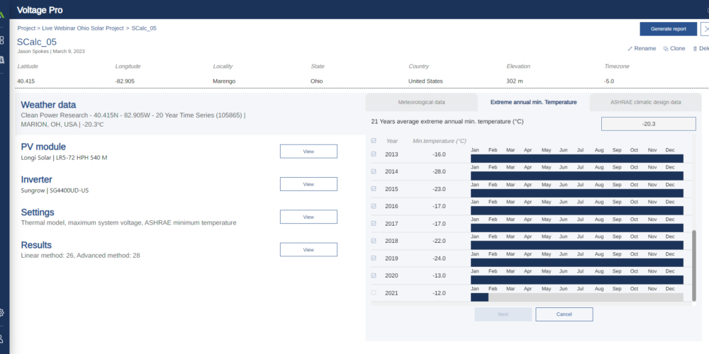 Software screenshot of PlantPredict Voltage Pro configuration screen
