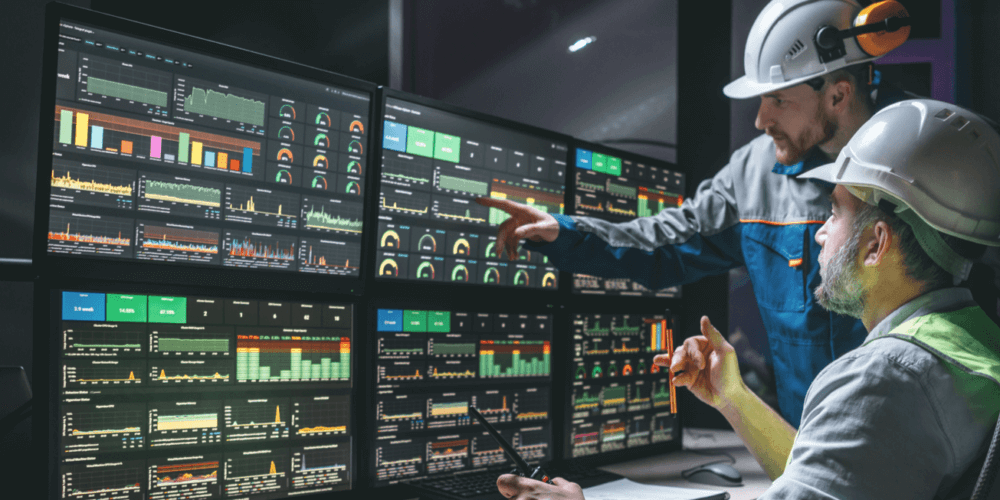 Engineers looking at a multi screen control panel